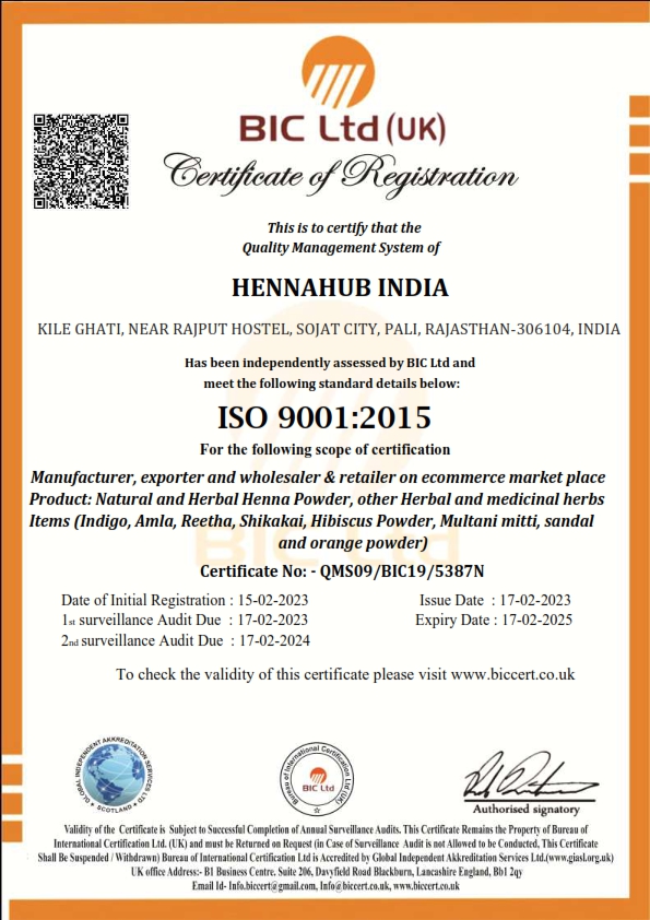 HENNAHUB INDIA ISO 9001 001 Hennahub India