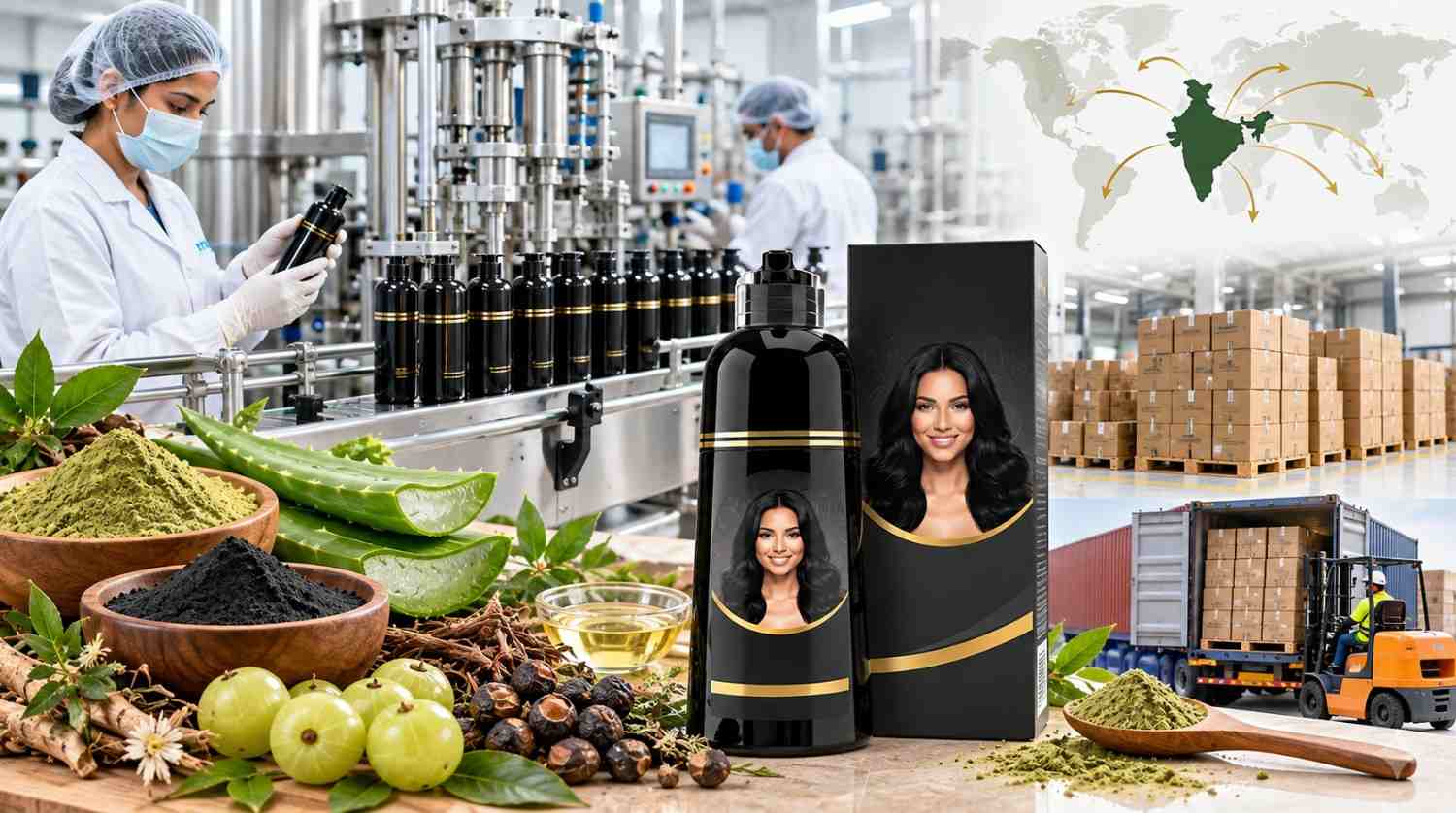 Illustrative black hair color shampoo manufacturing, quality inspection, packaging and export logistics in India